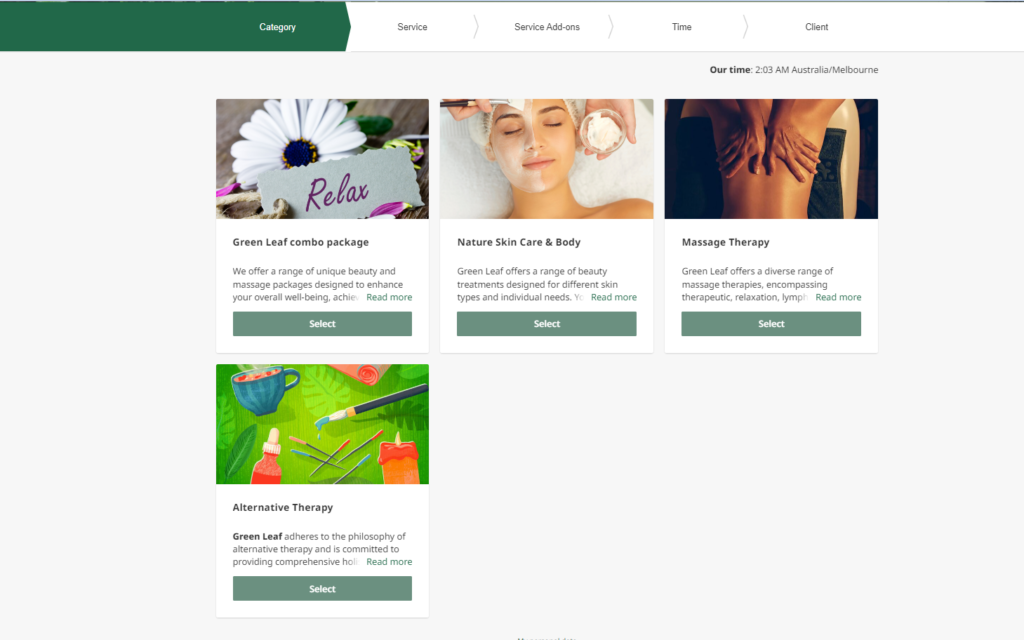 organised booking page using service categories feature