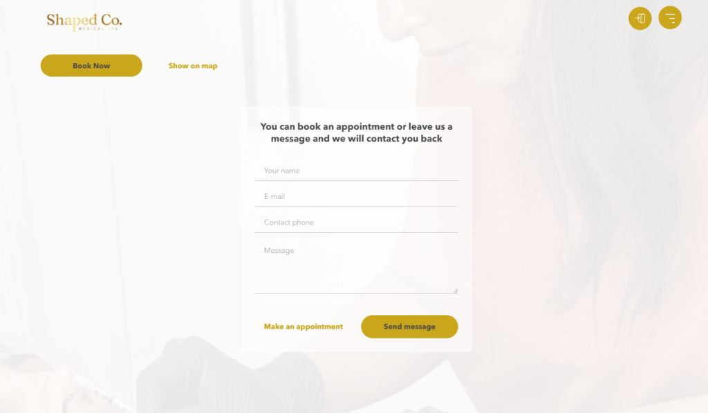 contact page on shaped co's booking site